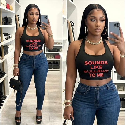 “Sounds like Bull” Black Graphic Print Halter Top
