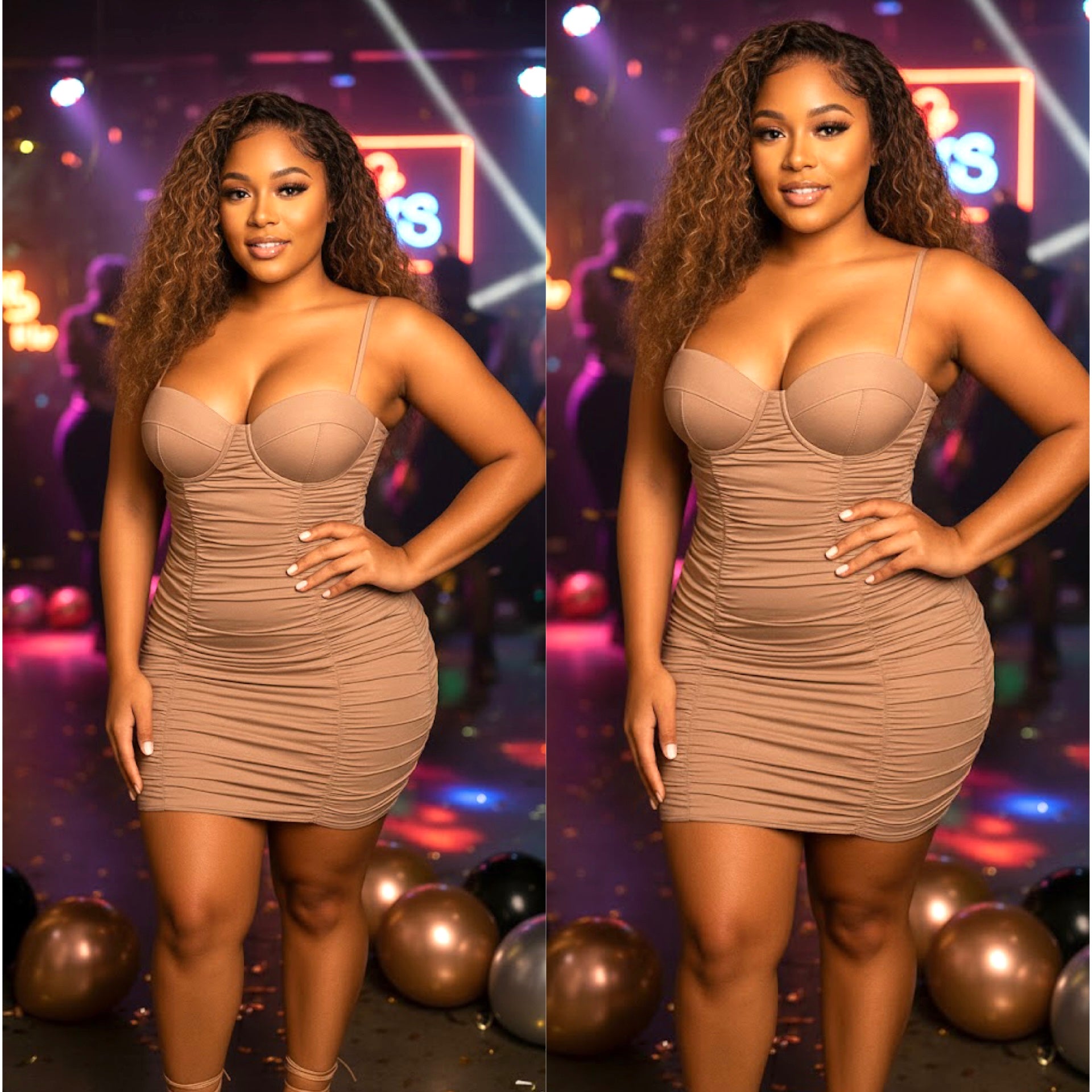 “Champagne” Tan Spaghetti Strap Bustier Scrunch Party Dress
