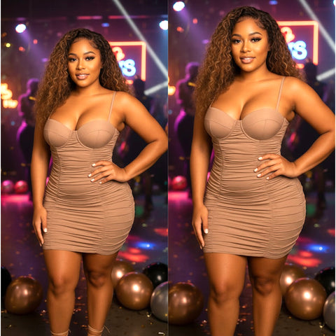 “Champagne” Tan Spaghetti Strap Bustier Scrunch Party Dress