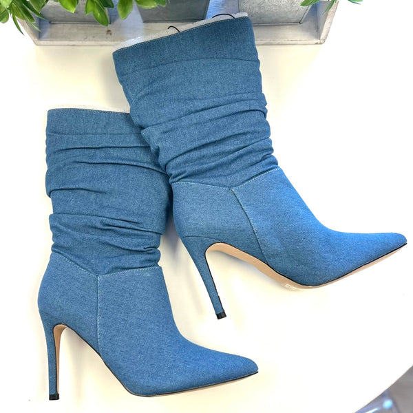 Light Denim Pointed Toe Scrunch Heel Boot