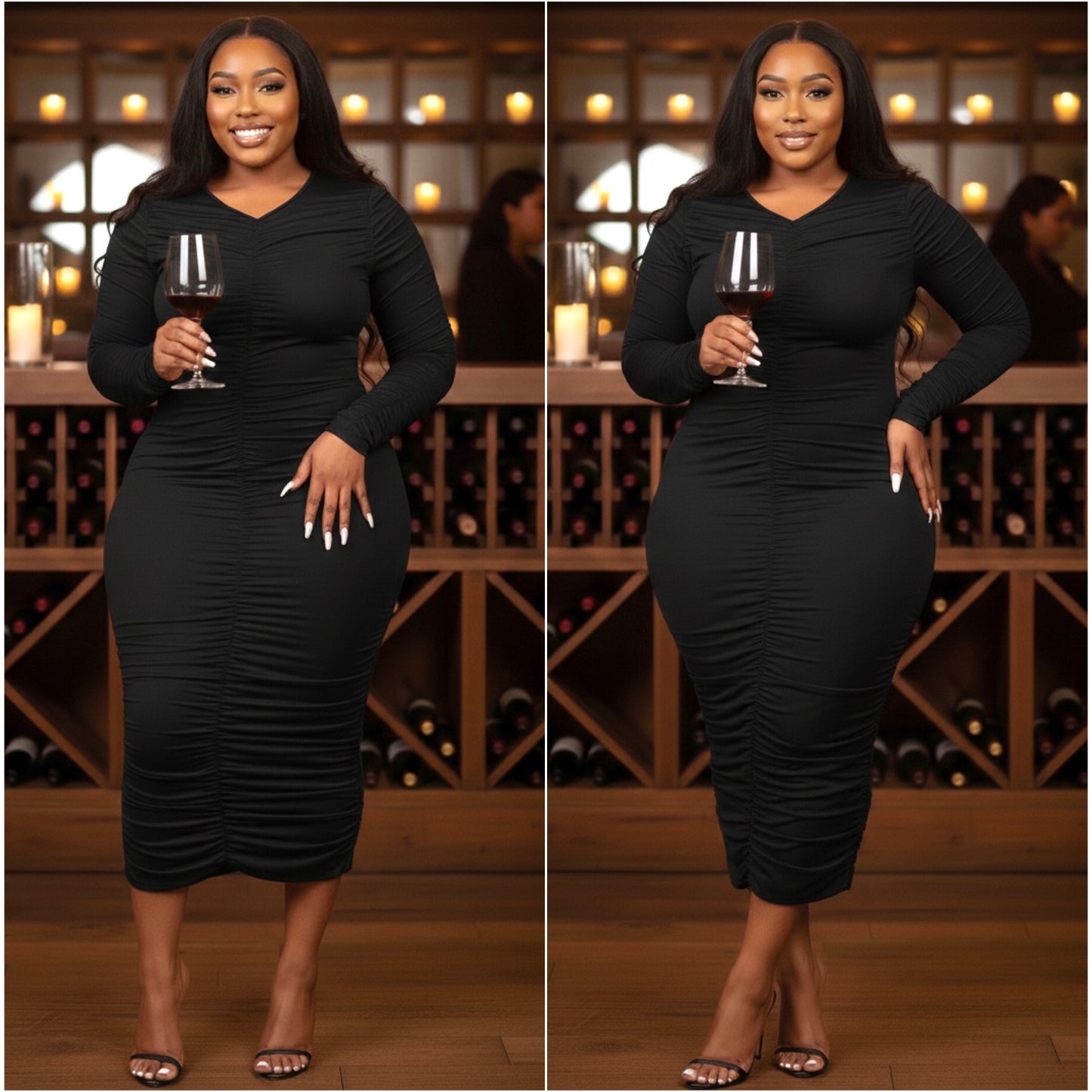 “Fine Wine” Plus Size Long Sleeve Ruched Maxi Dress