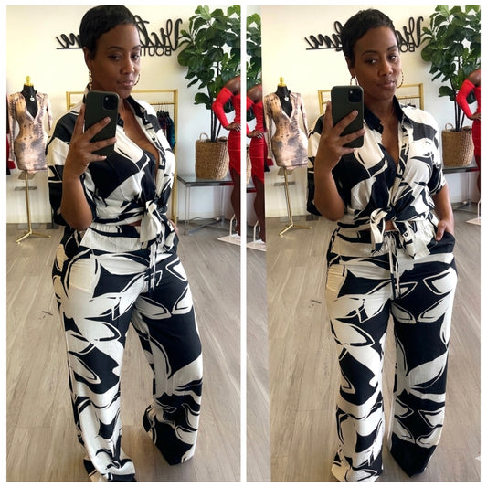 “Tropicana” 2 Piece Wide Leg Leaf Print Button Down Short Sleeve Set