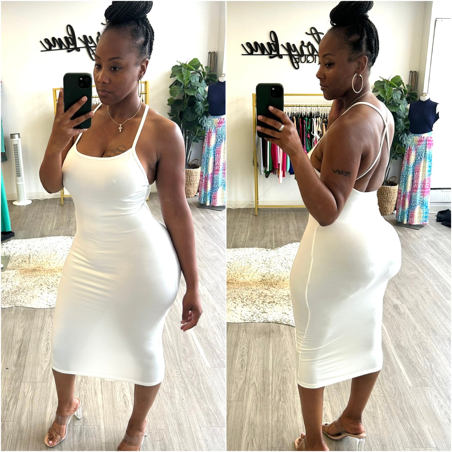“Joy” Cross Spaghetti Strap Midi Dress