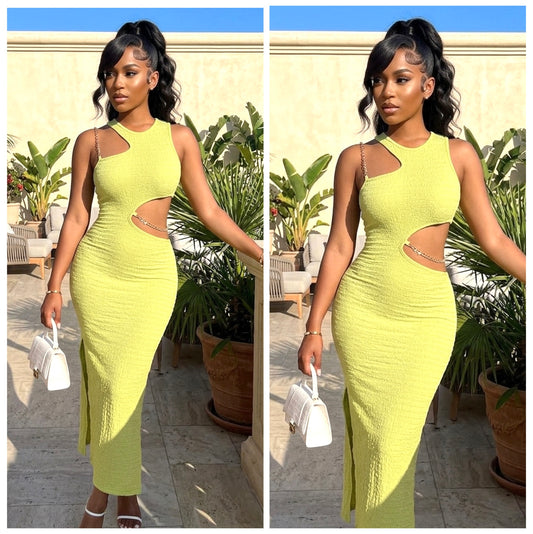 “Kiwi” Lime Green Stretch Gold Chain Accent Cut Out Maxi Dress