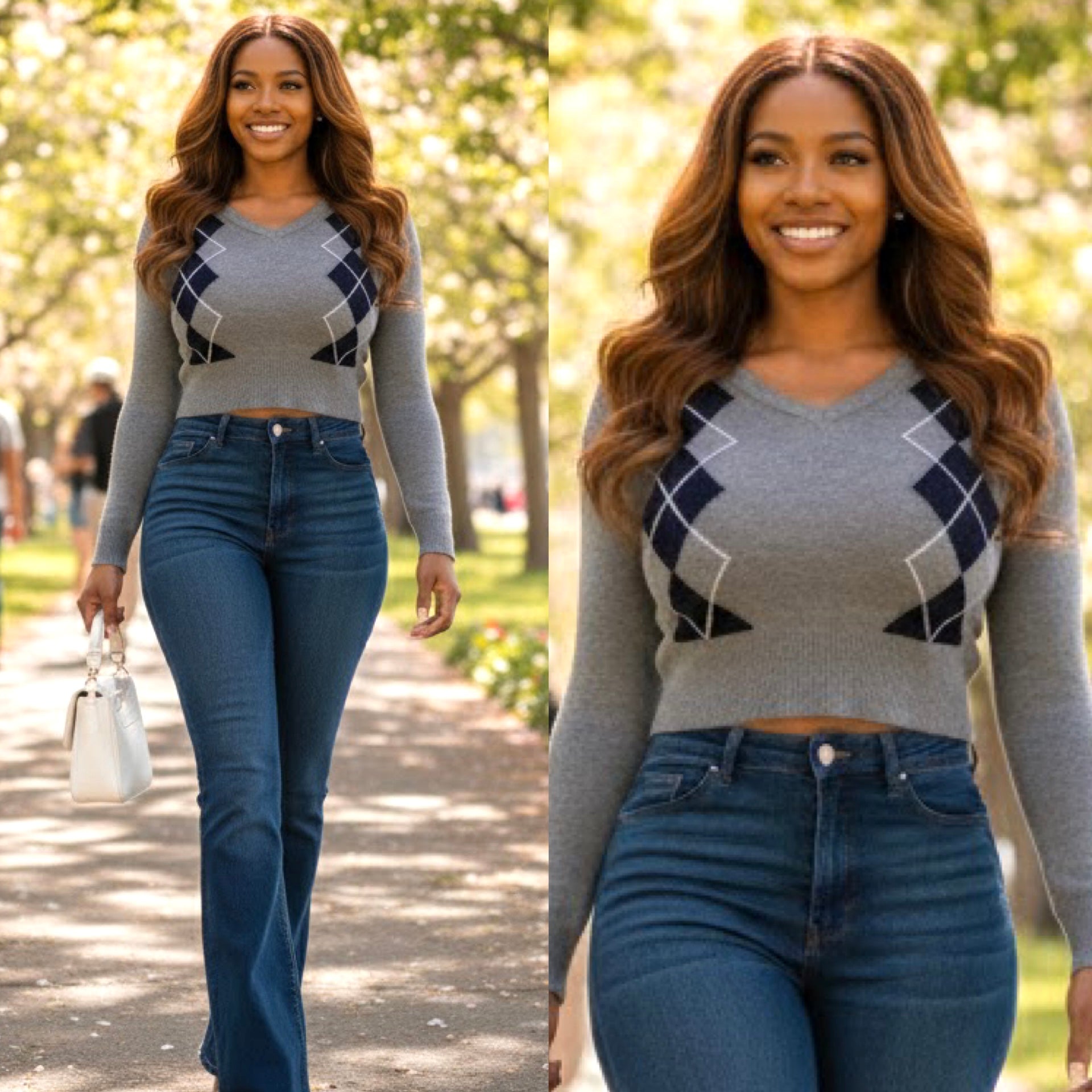 “Natalie” Grey / Navy Long Sleeve V Neck Sweater