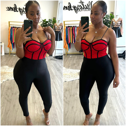 “Brittany” Red/Black Corset Strapless Jumpsuit