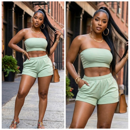 “Sage” 2 Piece Cotton Bandeau Short Set