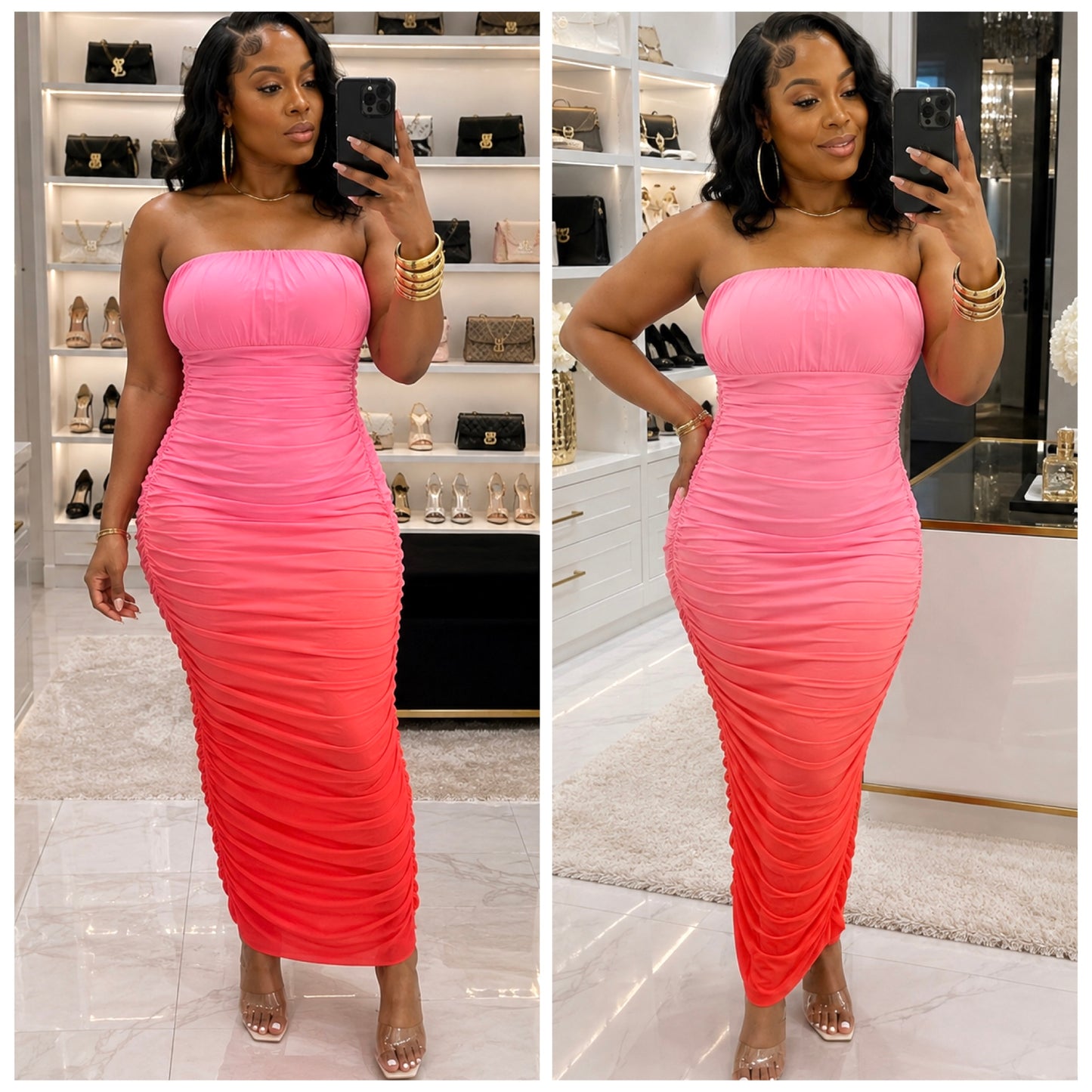 “Sunset Seduction” Pink Fitted Halter Ruched Maxi Dress