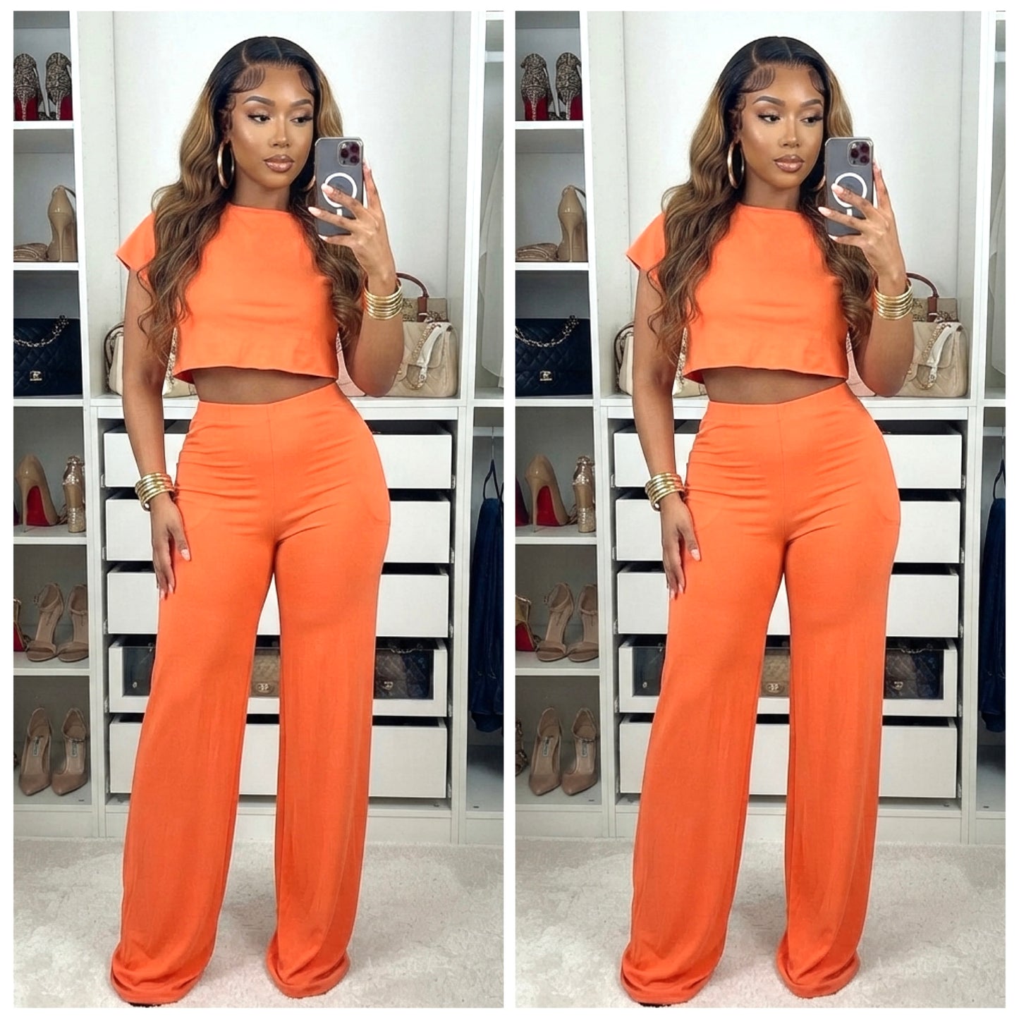 “Blossom” Orange Short Sleeve Crop Top & wide leg pant 2 piece set