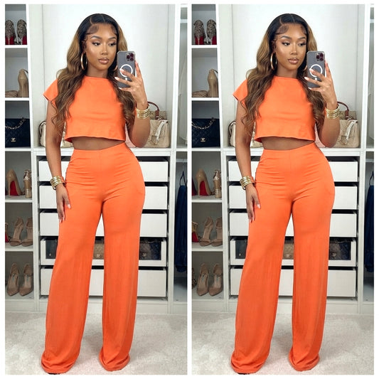 “Blossom” Orange Short Sleeve Crop Top & wide leg pant 2 piece set