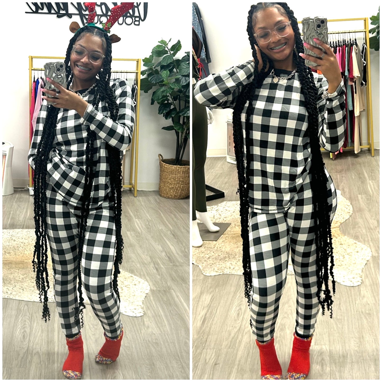 “Deck The Halls” Plaid Matching Womens Long Sleeve Pant Pajama Set