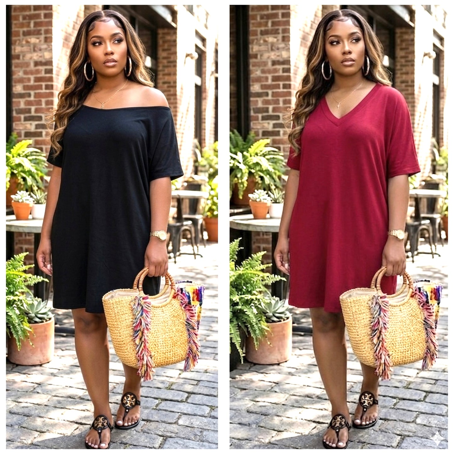 “Dianna” V Neck Short Sleeve Pocket Tee Shirt Dress