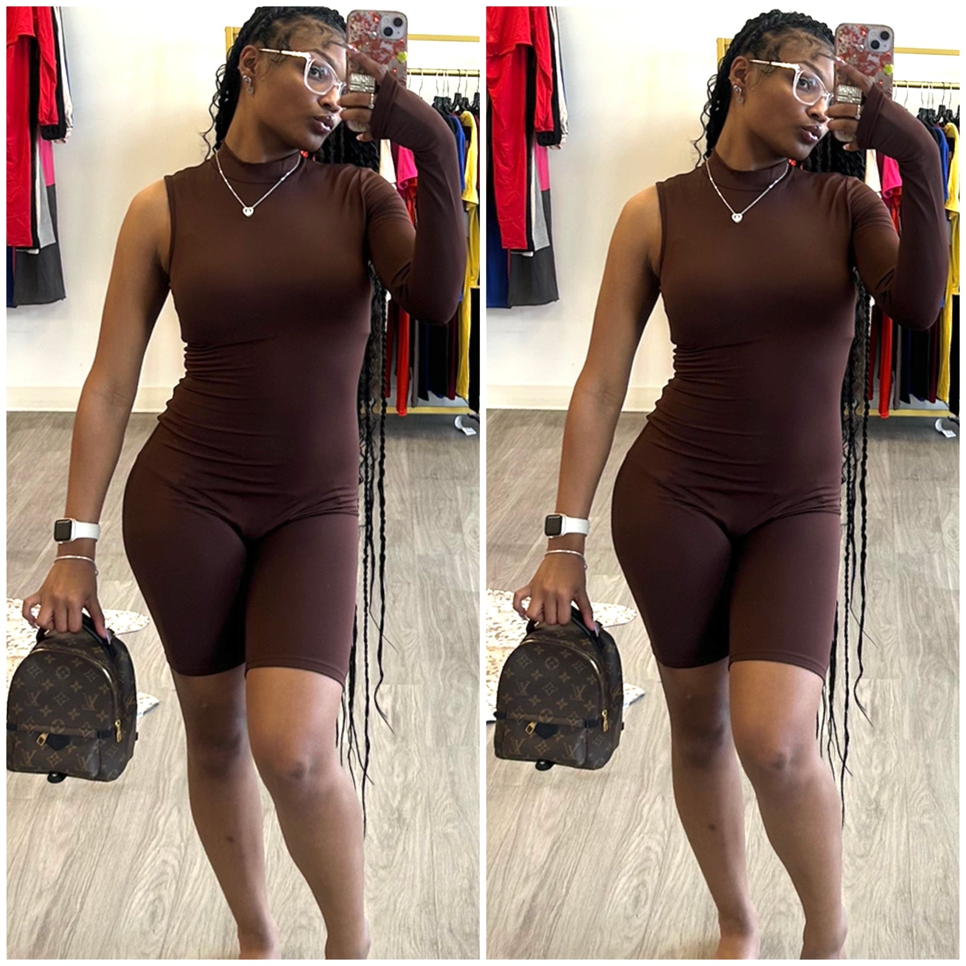 “Shanika” Brown One Sleeve Short Romper