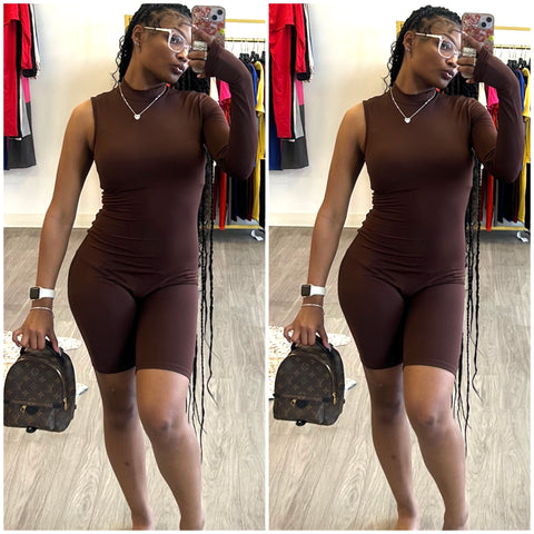 “Shanika” Brown One Sleeve Short Romper