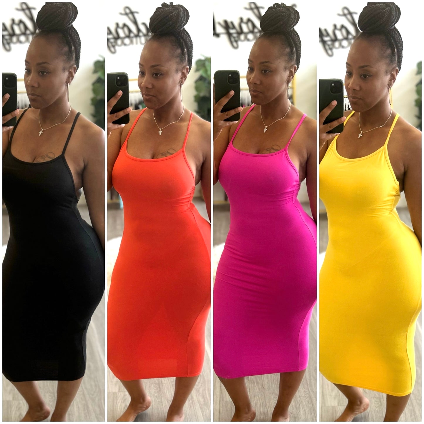 “Joy” Cross Spaghetti Strap Midi Dress
