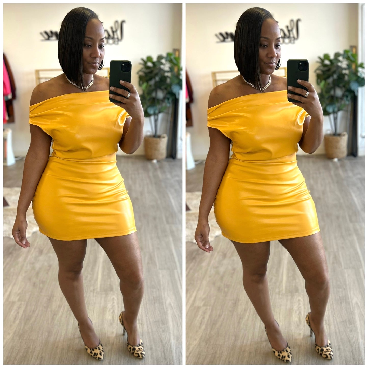 “Knockout” Faux Leather Off the Shoulder Mini Dress