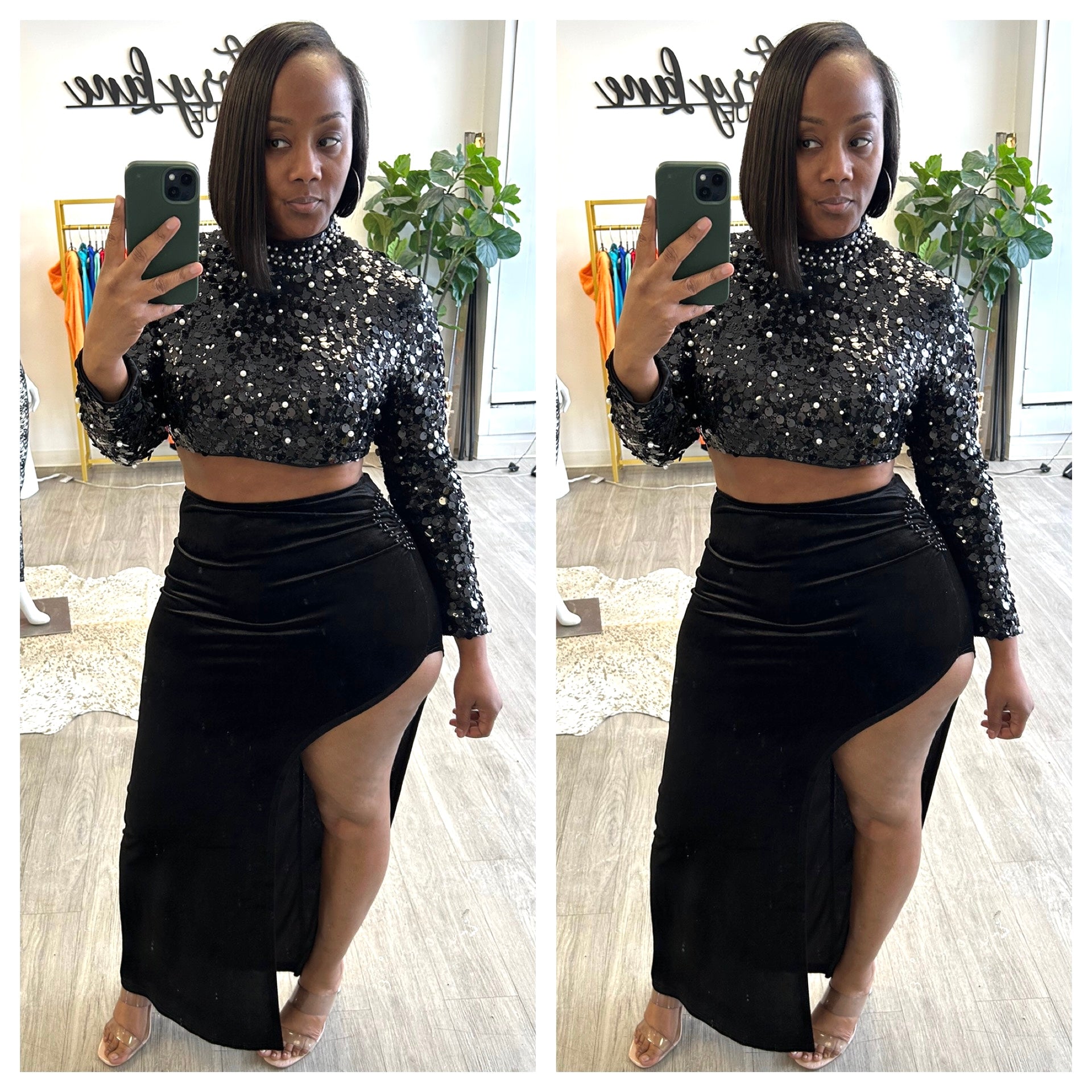 “Razzle” Black Sequin Long Sleeve Crop Top & Velvet High Split Maxi Skirt Set