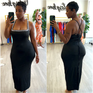 “Black Pearl” Black Sleeveless Pearl accent Maxi Dress