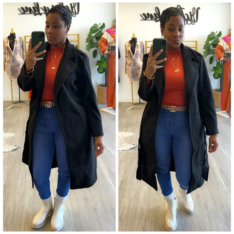 “Upper East Side” Black Belted Long Line Trench Coat