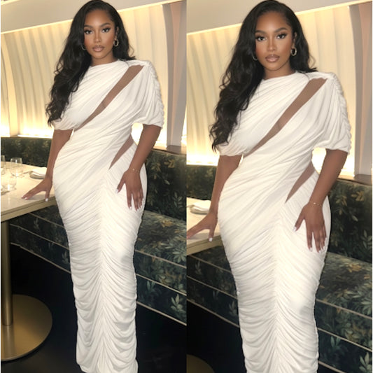 “Wonderland” Stretch Short Sleeve Mesh Insert White Maxi Dress