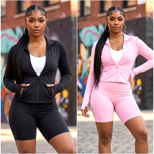 “Eve” Long Sleeve Jacket Biker Short Set