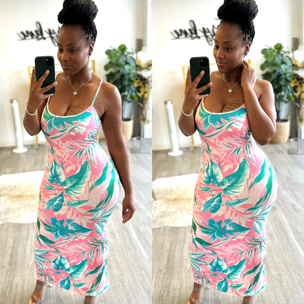 Pretty in Pink” Floral Spaghetti Strap Midi Dress – Victory Lane Boutique