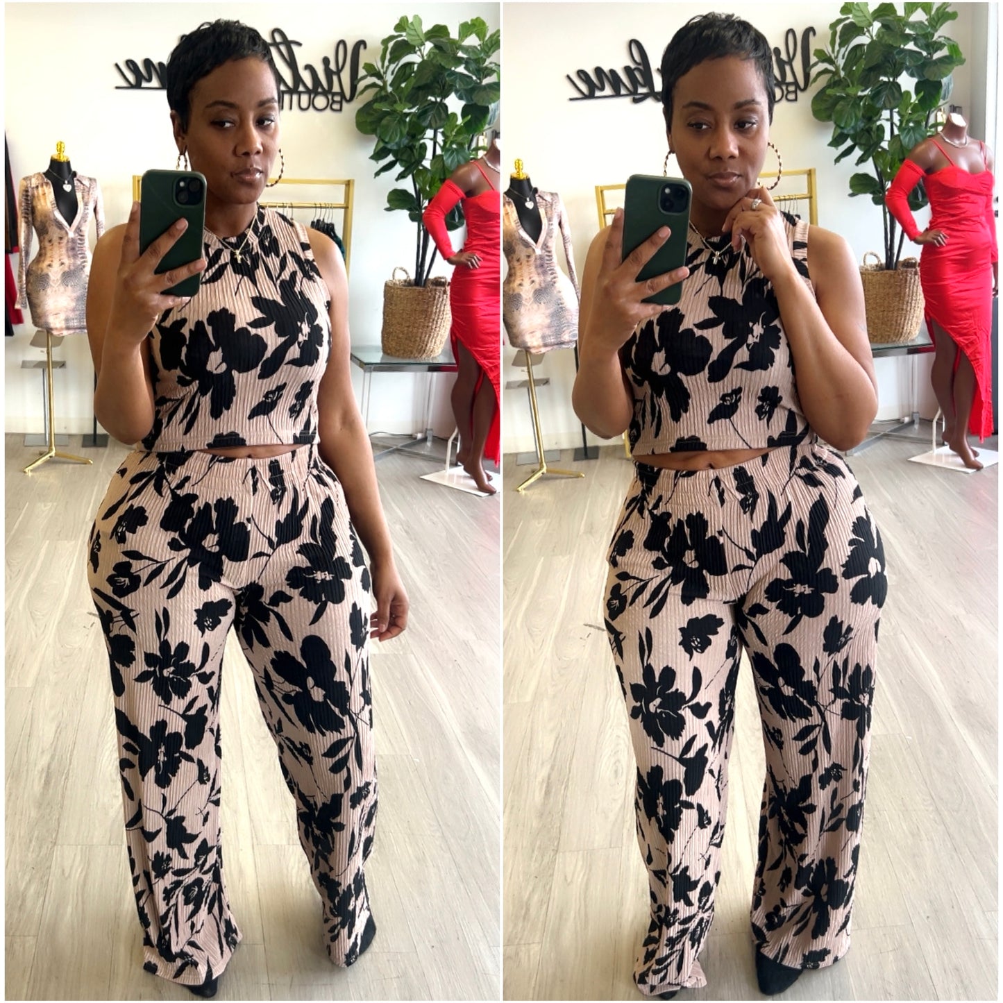“Anissa” Tan/Black Floral Print 2 Piece Pant Set