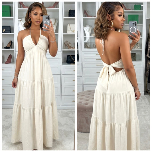 “Faith” Cream Halter Maxi Dress