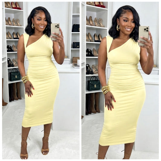 “Ray” Yellow Sleeveless Women’s Midi Dress