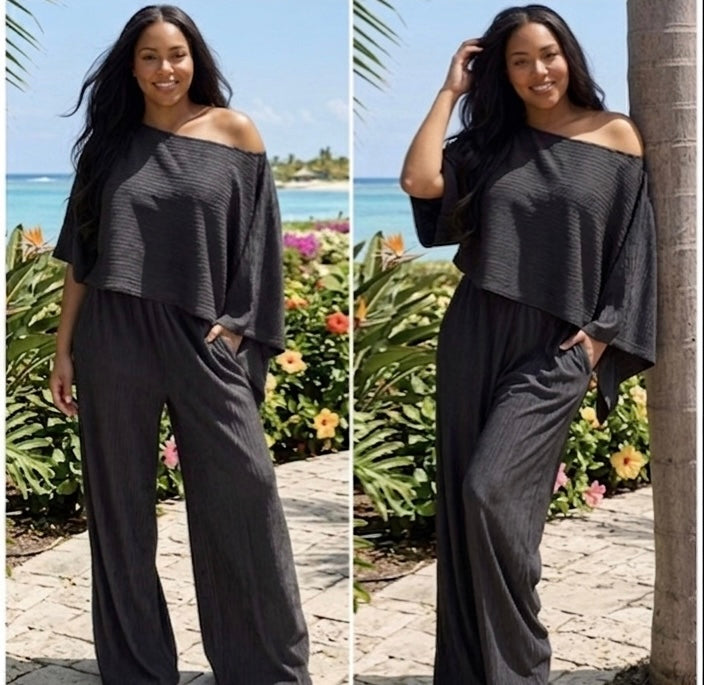 “Tropical Breeze” 2 Piece Wide leg Bat Wing Crinkled Pant Set