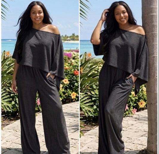 “Tropical Breeze” 2 Piece Wide leg Bat Wing Crinkled Pant Set