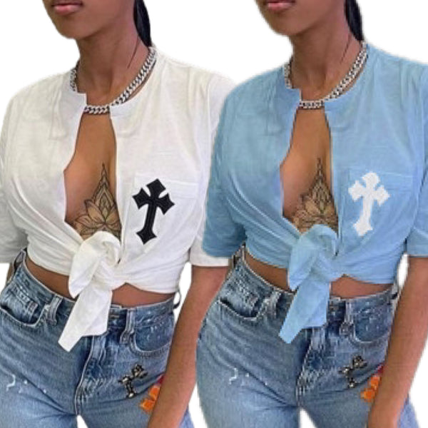 Split Tie Pocket Cross Short Sleeve Graphic Crop Tee Shirt
