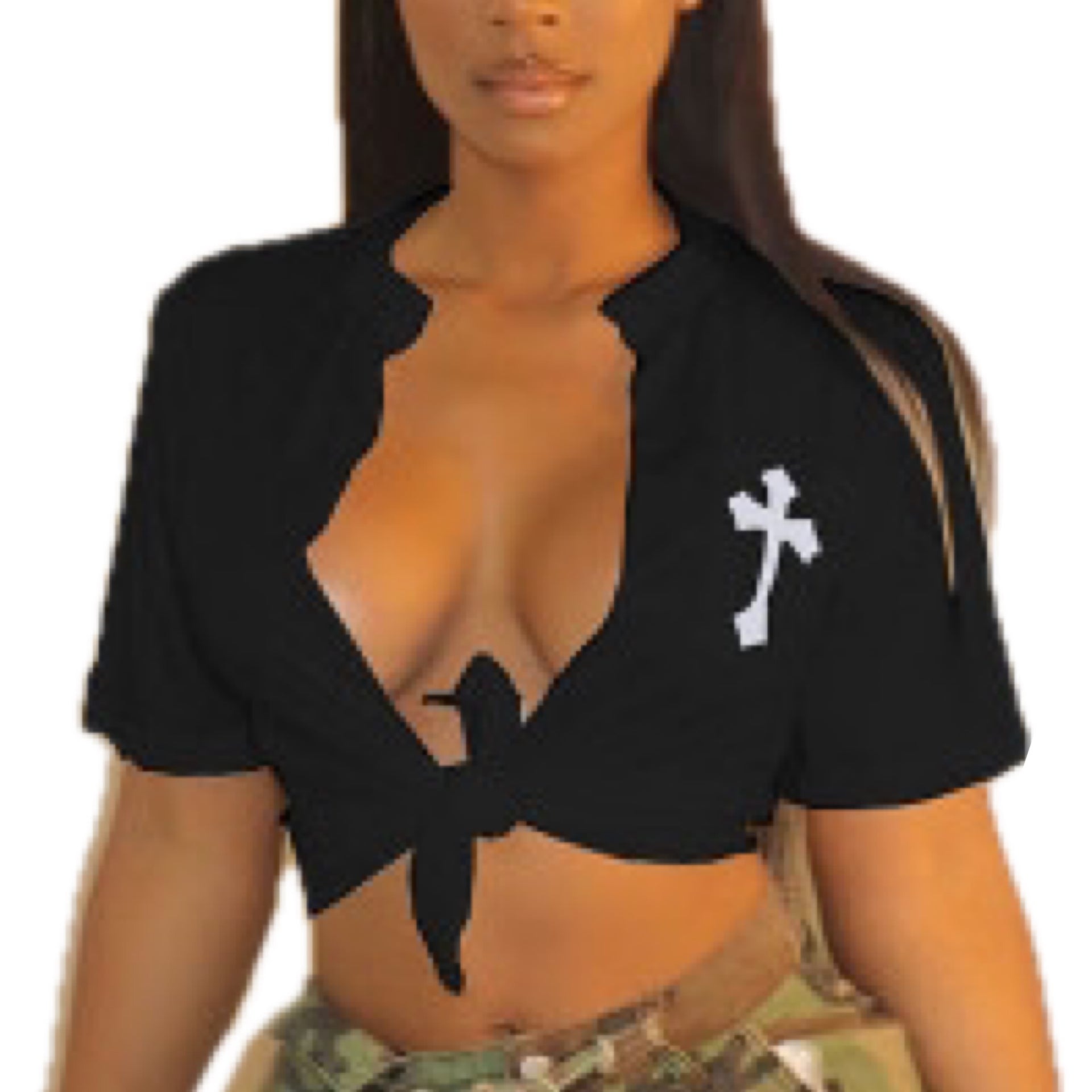 Split Tie Pocket Cross Short Sleeve Graphic Crop Tee Shirt