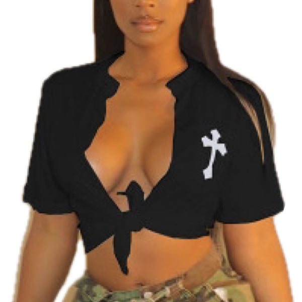 Split Tie Pocket Cross Short Sleeve Graphic Crop Tee Shirt