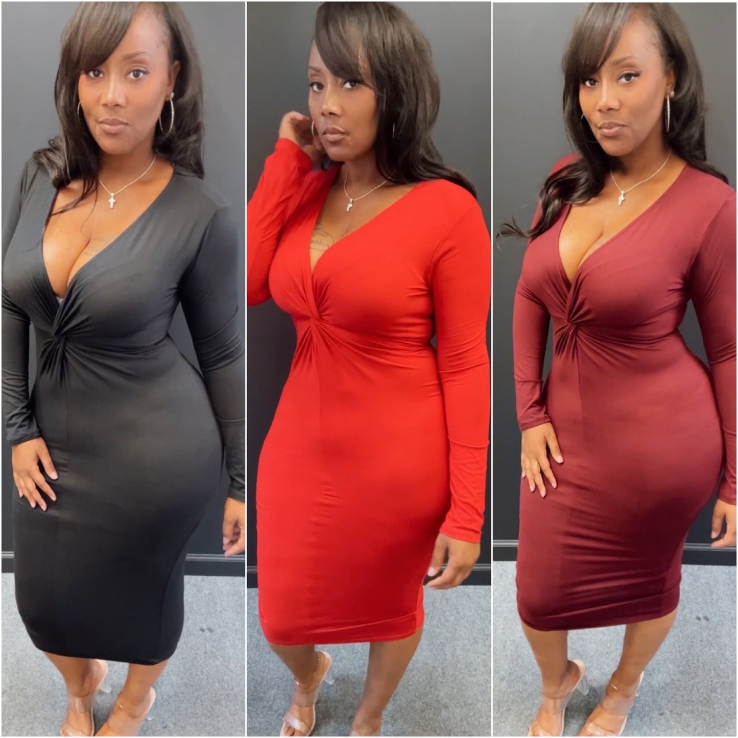 “Vivica” Twist Long Sleeve Midi Dress