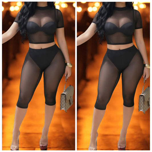 “Bria” Mesh See through Shiny 2 Piece Black Capri Legging Set