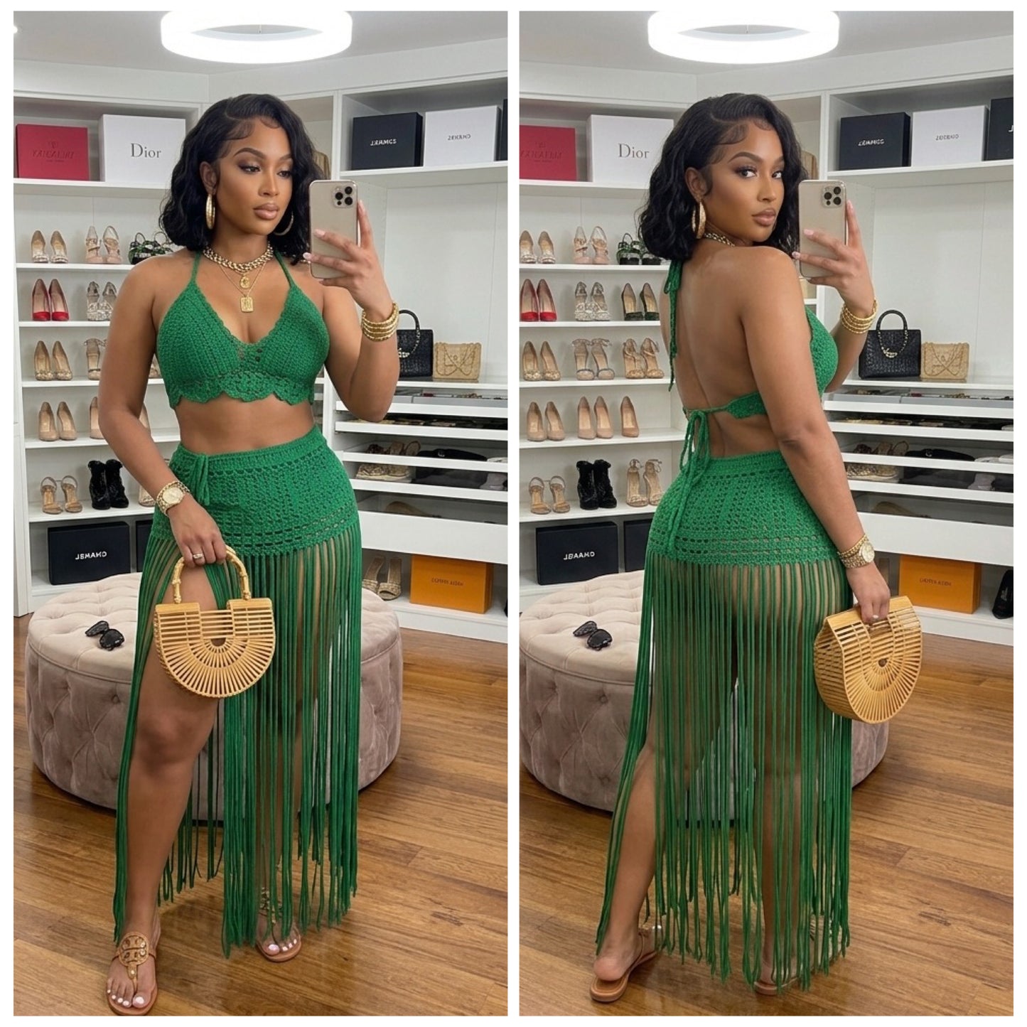 “Lotus” Green Fringe Crochet Swim Coverup Skirt Set