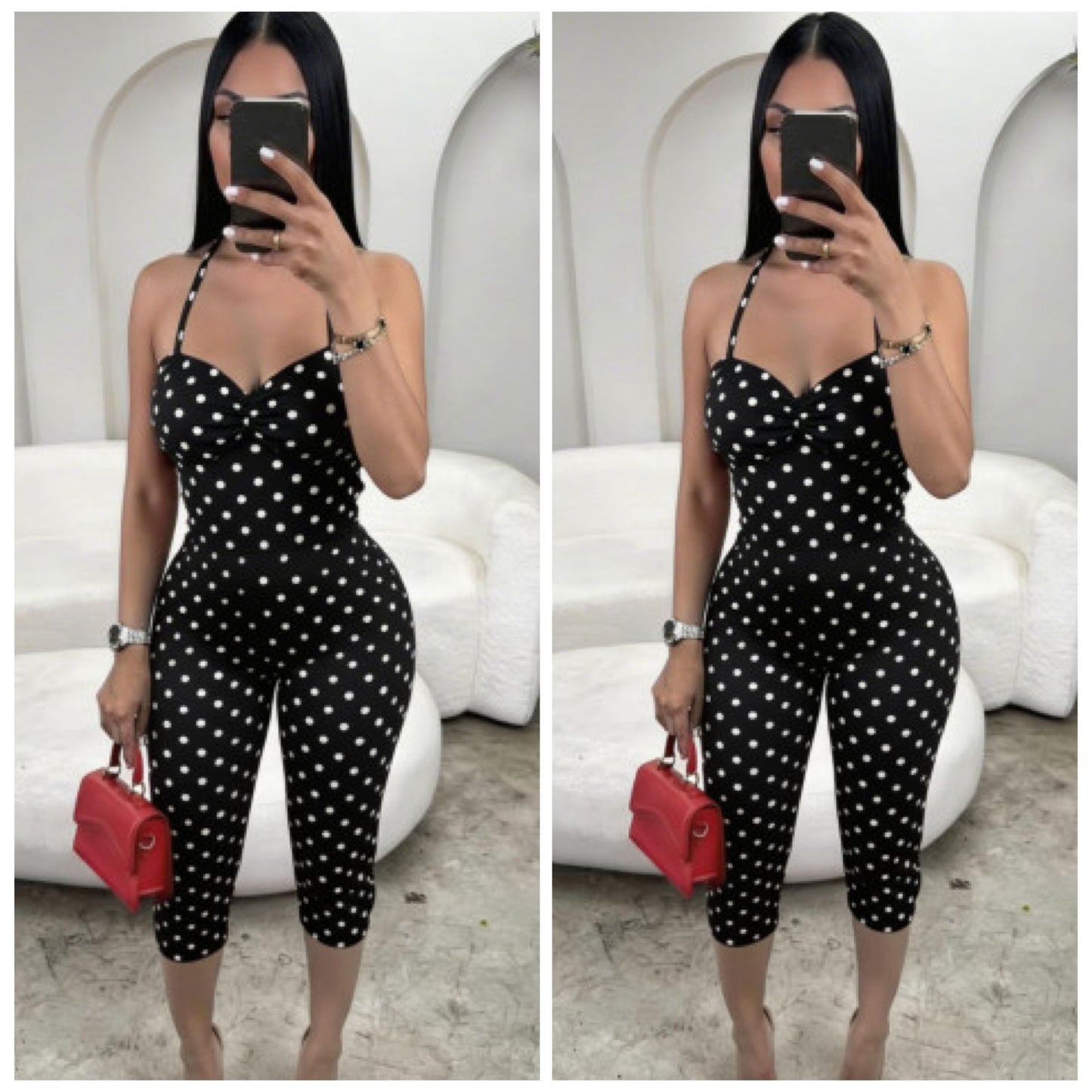 Black Polka Dot Stretch Capri Jumpsuit