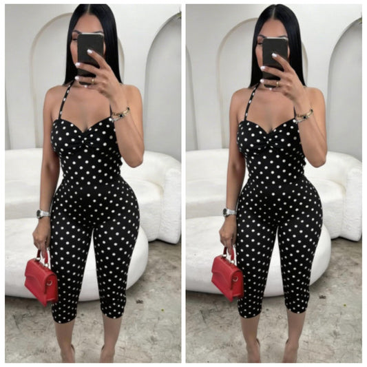 Black Polka Dot Stretch Capri Jumpsuit