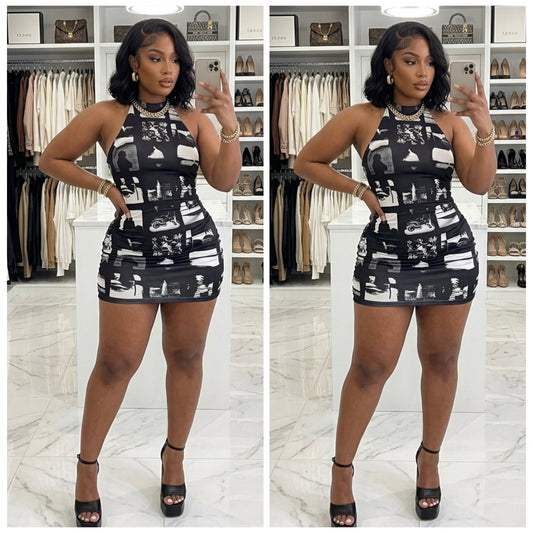 “Landscape” Backless Mini Black and White Sleeveless Dress