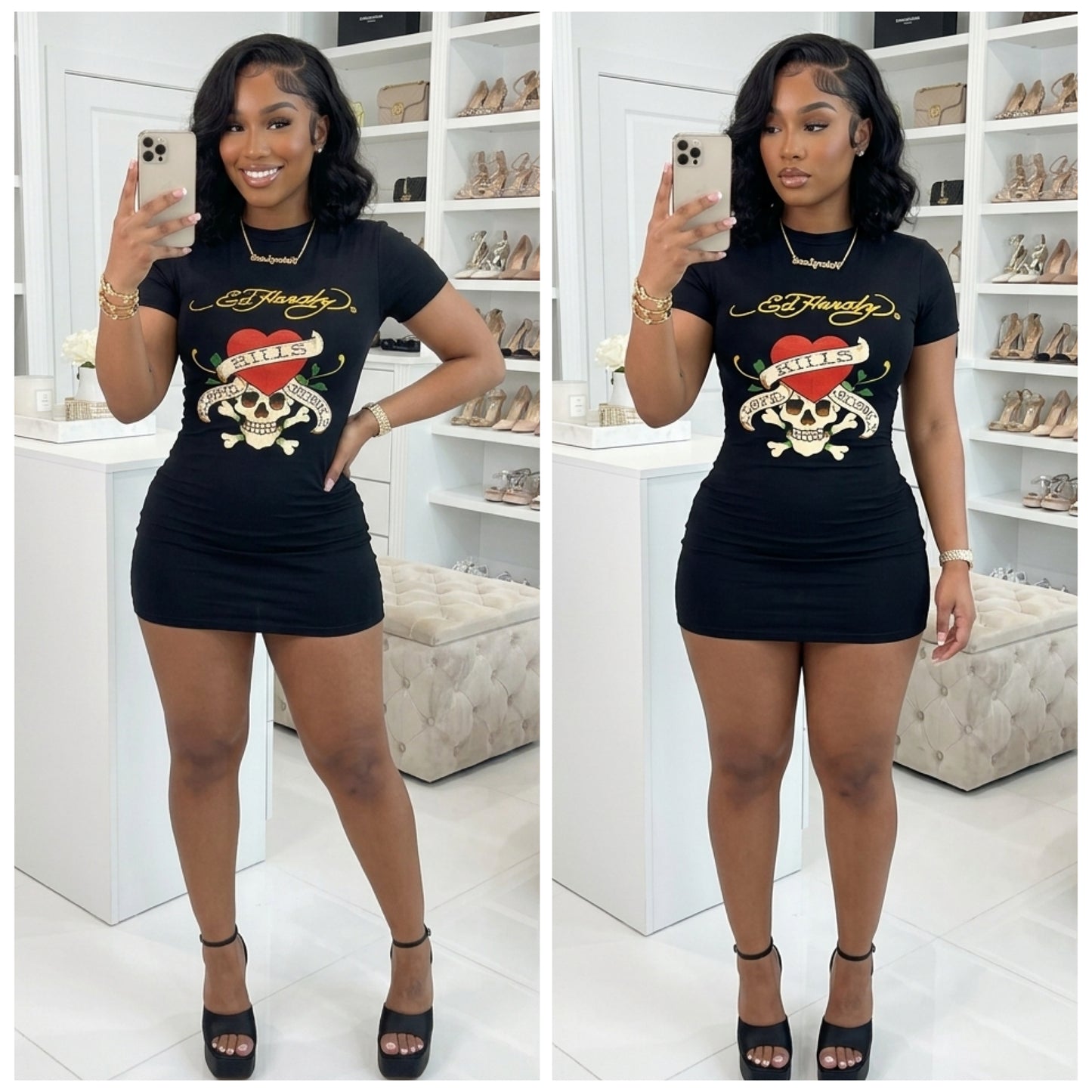 “Love Slowly” Black Graphic Print Short Sleeve Dress