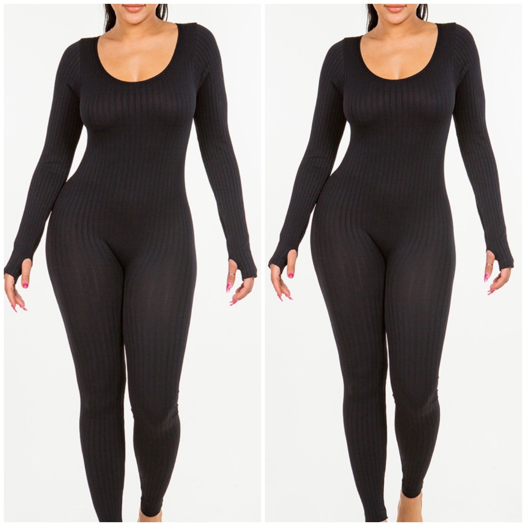 Black Ribbed Thumb Hole One Piece Jumpsuit (FINAL SALE)