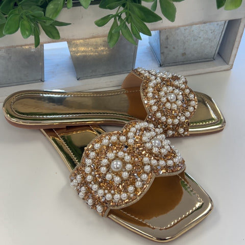Gold Pearl Embellished Slide Sandals