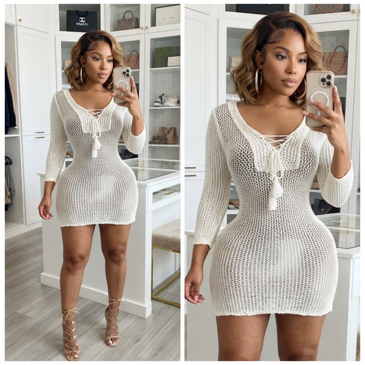 “Nettie” Cream Crochet Long Sleeve Swim coverup Dress Top