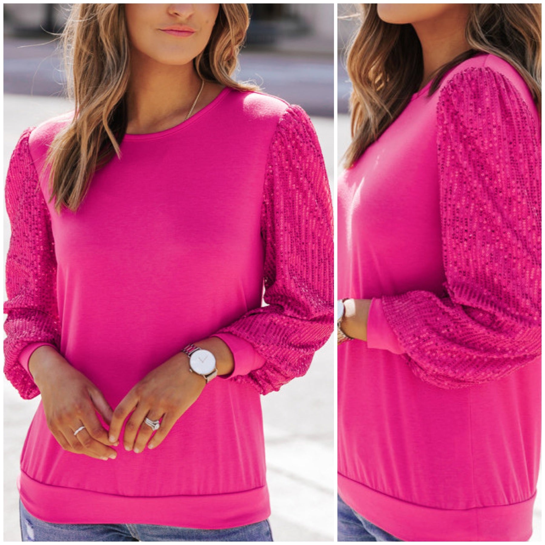 “Disco” Pink Sequin Loose Long Sleeve Shirt