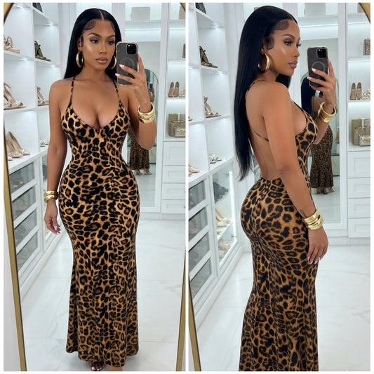 “Spots” Leopard Print Spaghetti Strap Backless Deep V Maxi Dress