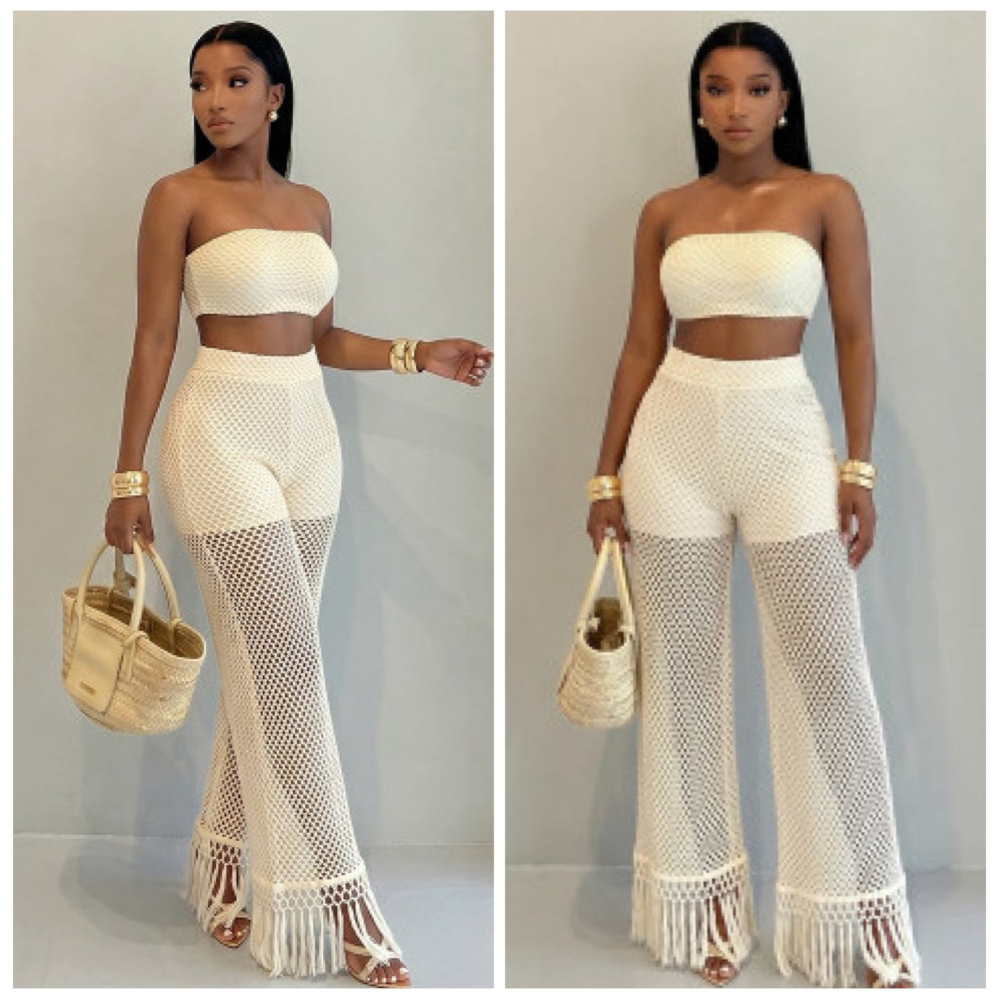 “Santa Fe” Cream Cut Out 2 Piece Bandeau & Fringe Pant Set