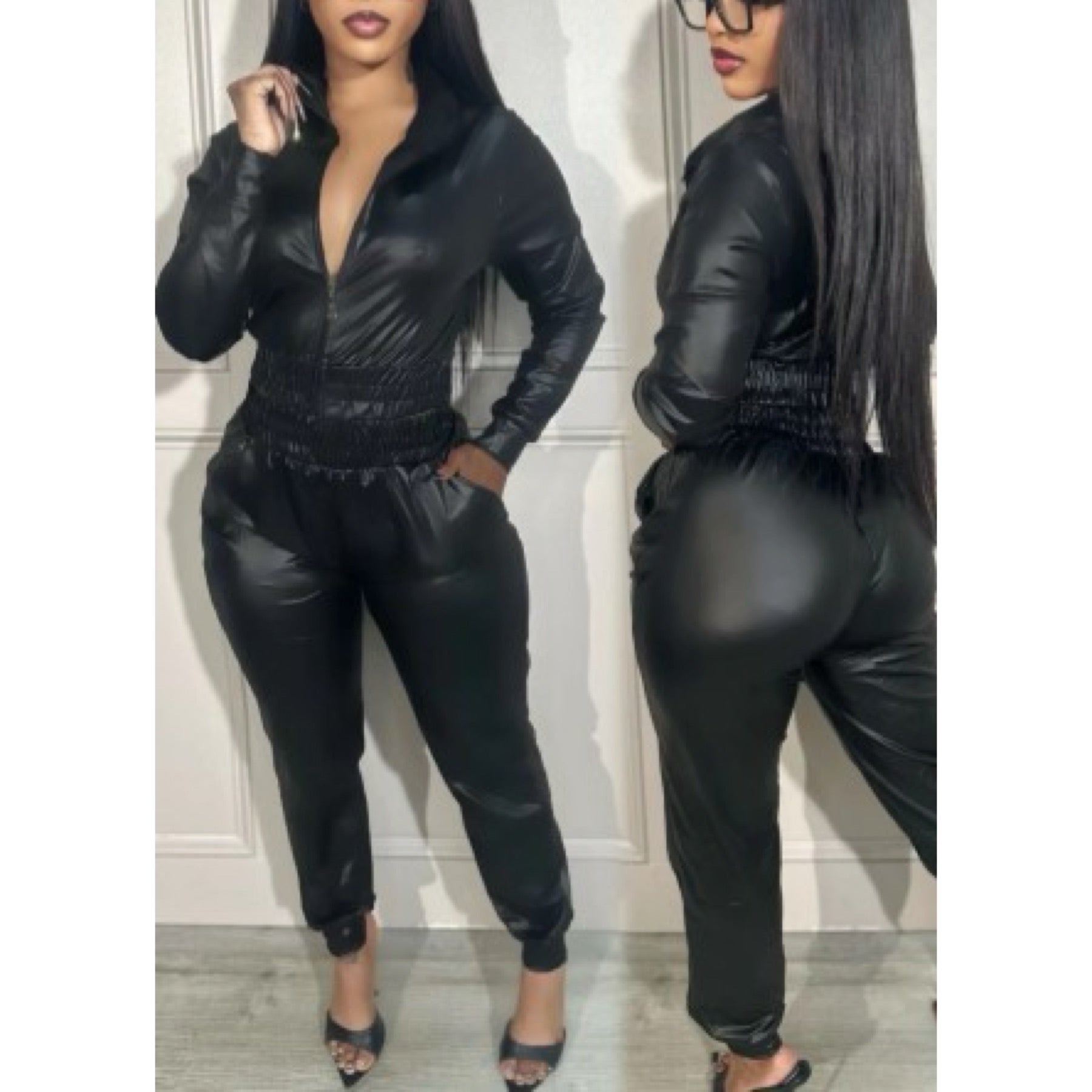 “Donna” Black Faux Leather 2 Piece Hooded Long Sleeve Jogger Set