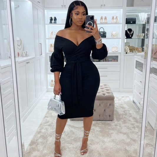 “Justice” Black Lantern Sleeve Midi Dress