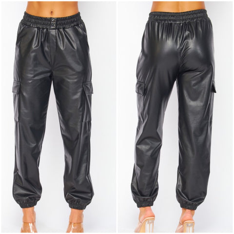Black Faux Leather Jogger Pants